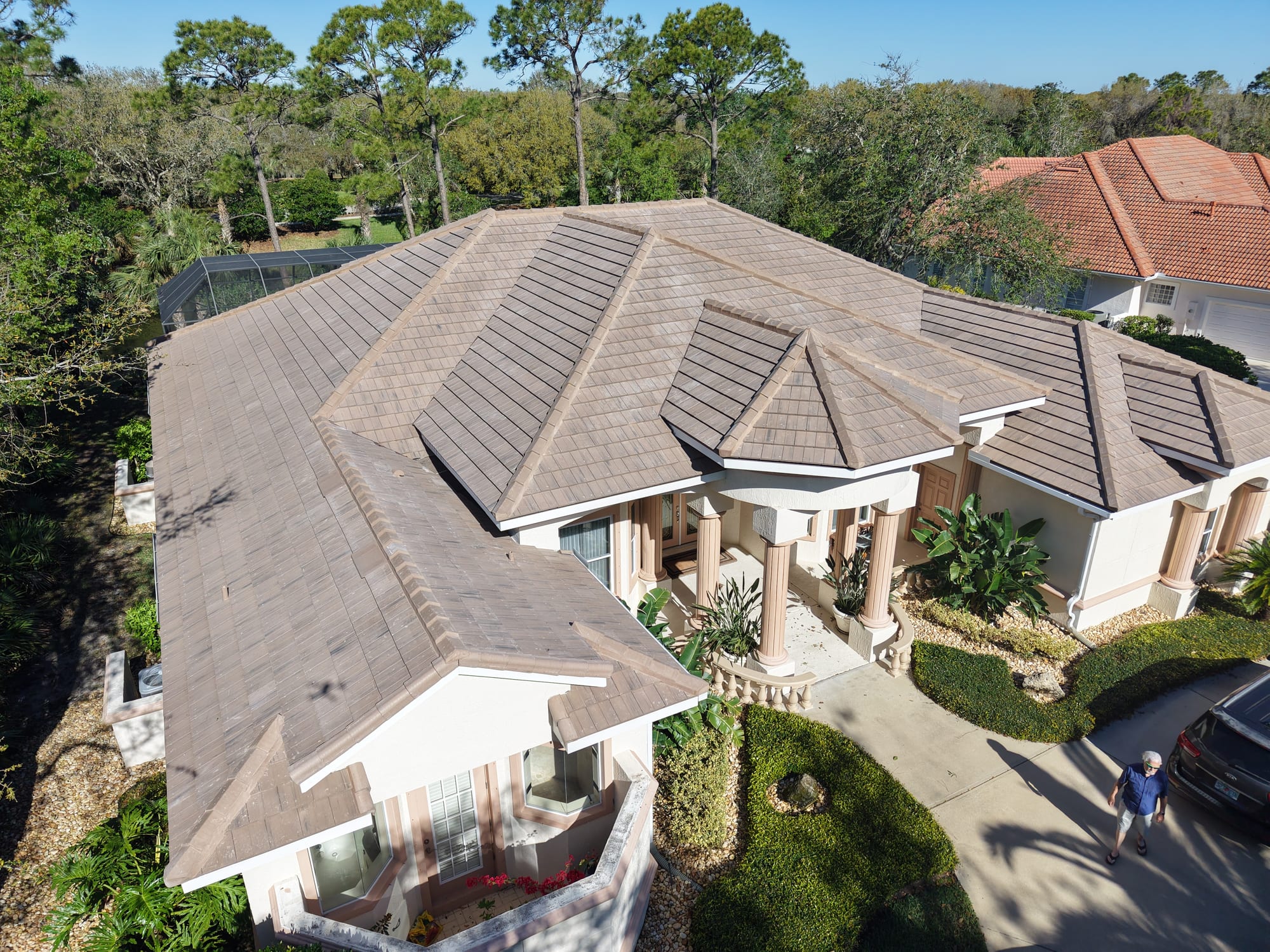 Aerial view of a completed tile roof in Hammock Dunes, Palm Coast